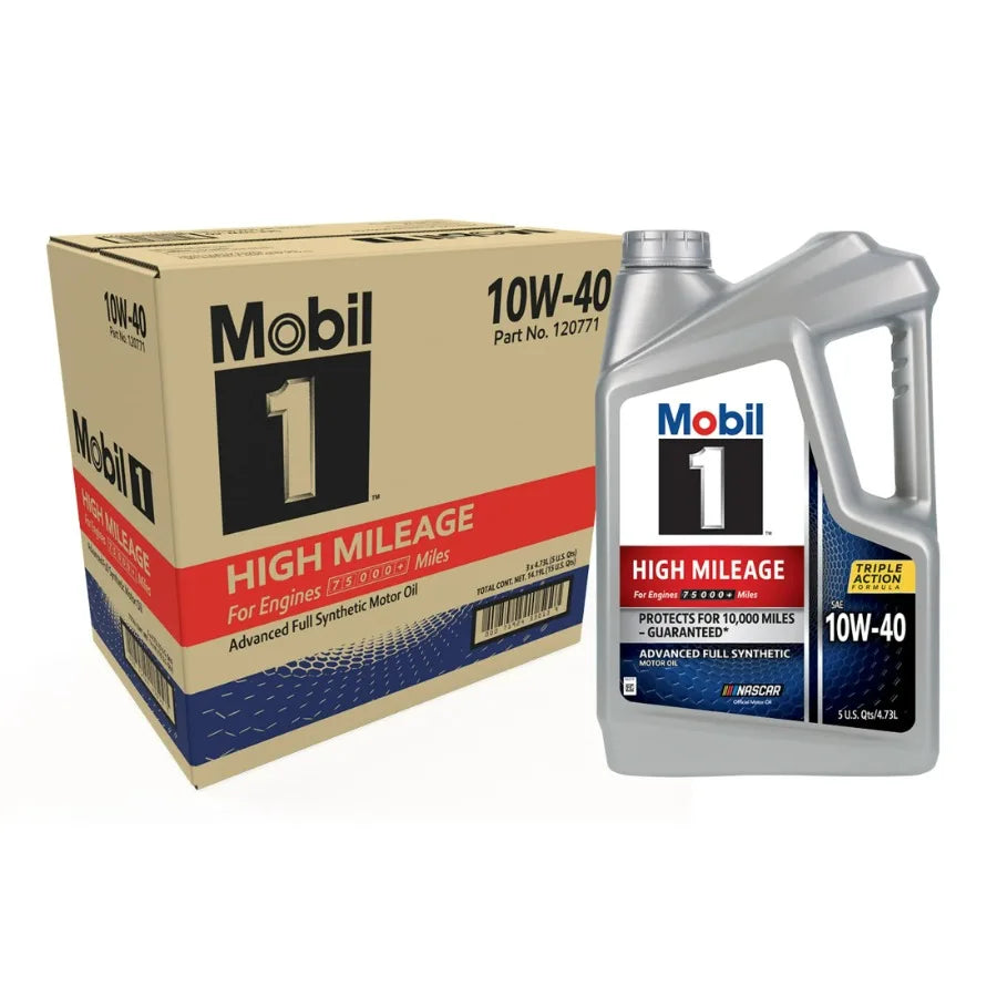 Mobil 1 High Mileage Full Synthetic 10W-40 Motor Oil, 5 Quart Pack of 3