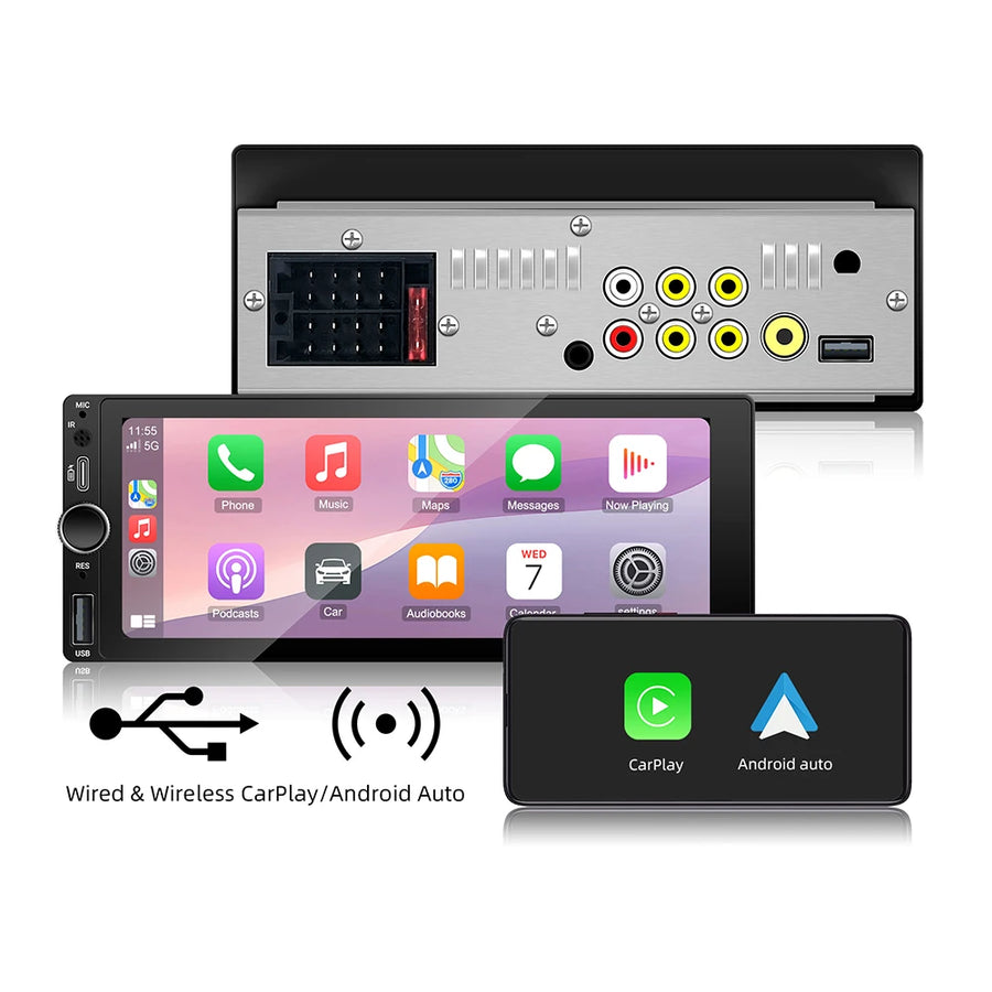 6.86-Inch 1-DIN Wireless CarPlay and Android Auto Car Stereo