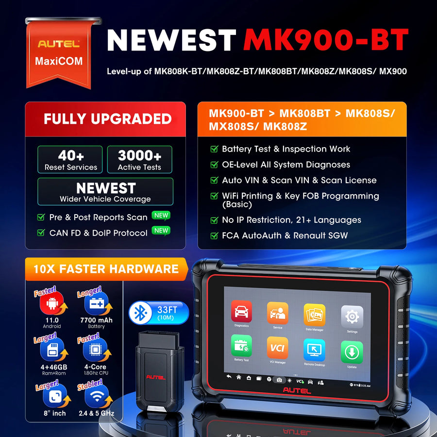 Autel MaxiCOM MK900BT Bluetooth Bidirectional OBD2 Scanner with 40+ Services