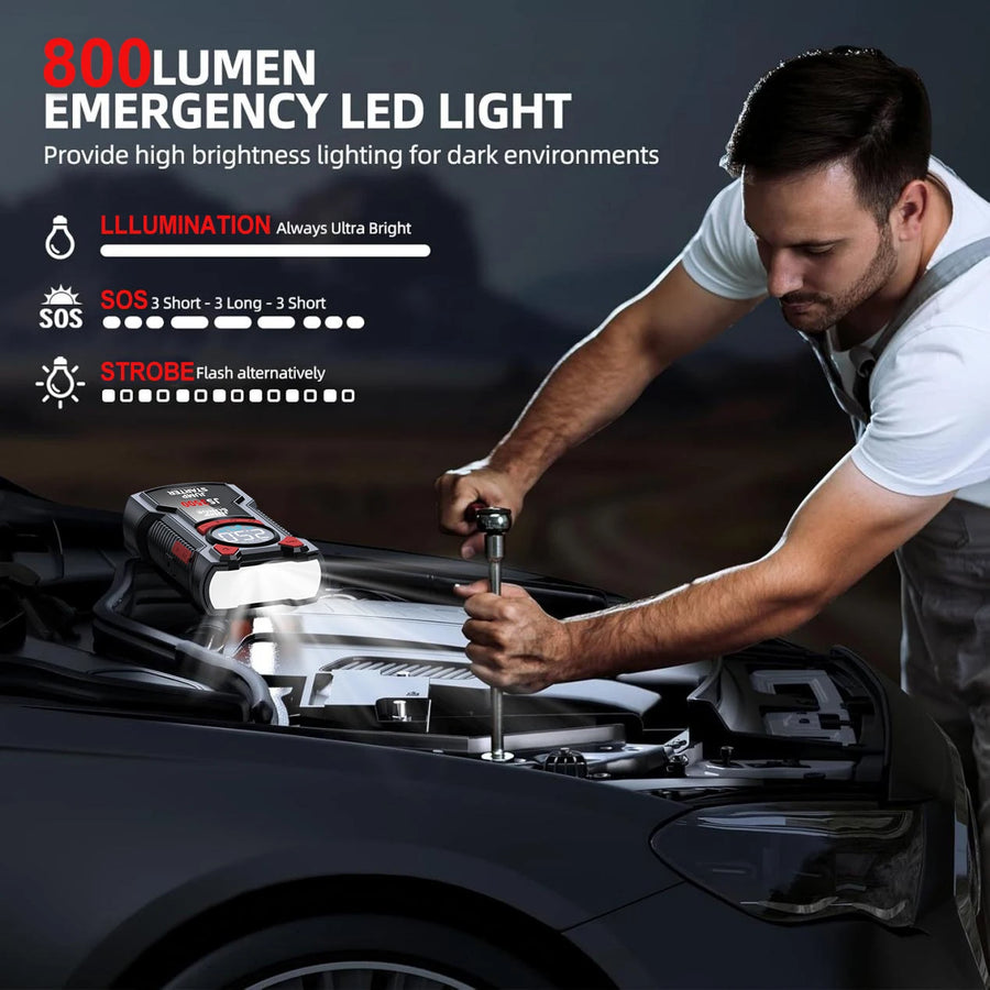 12V Car Jump Starter with Air Compressor, Power Bank and Flashlight
