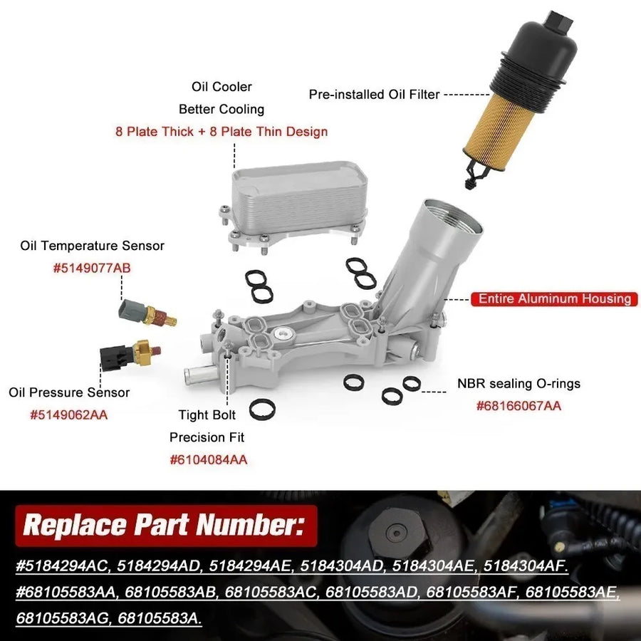Engine Oil Filter Adapter Housing for Jeep Dodge Chrysler Ram 3.6L V6 Alu Oil Cooler 68105583AE