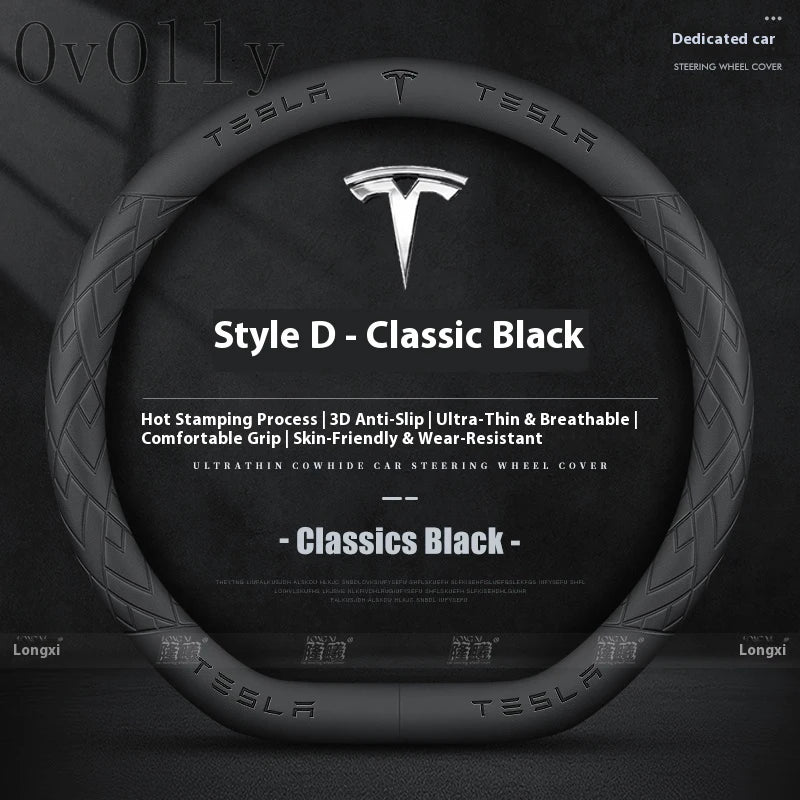 Anti-Slip Leather Steering Wheel Cover for Tesla Model 3, Y, S, X