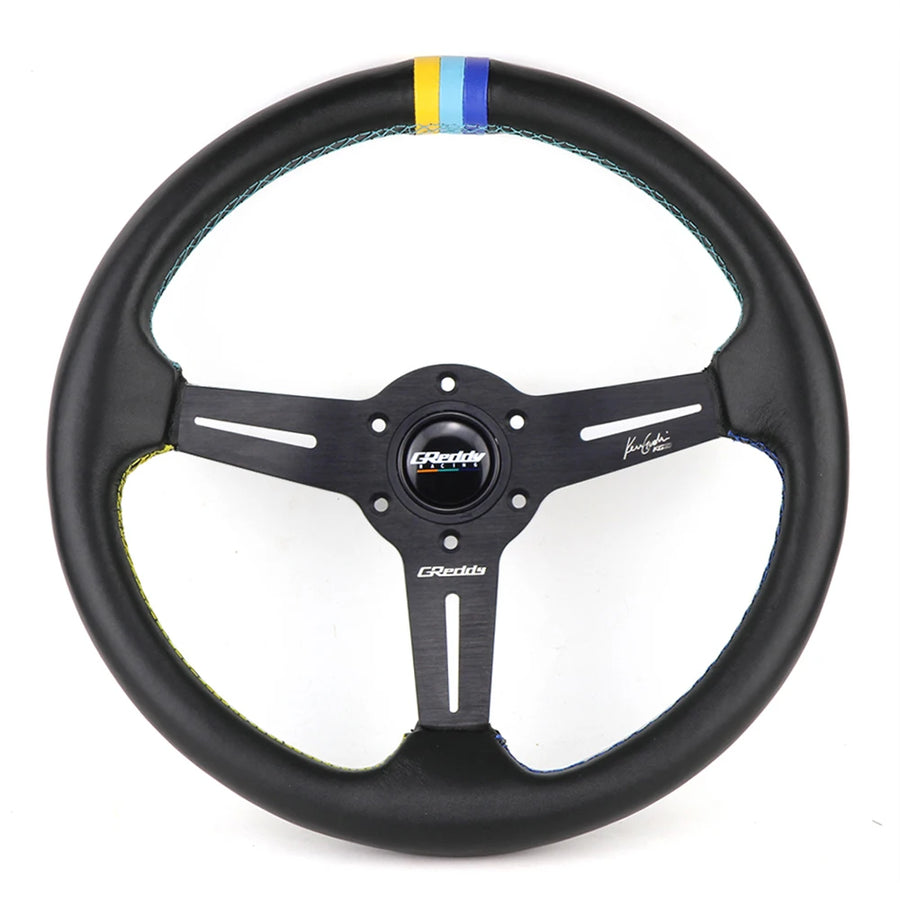 GReddy-Style 350 mm Suede & Leather Steering Wheel – Tri-Color Stitch