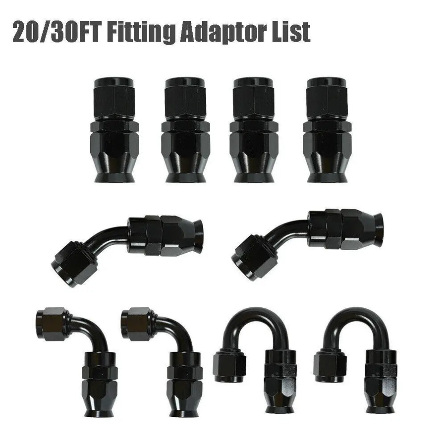Nylon PTFE Fuel Line Kit Universal 30FT AN8 AN10 with 10-Piece 0 45 90 180 Degree Fittings Hose for