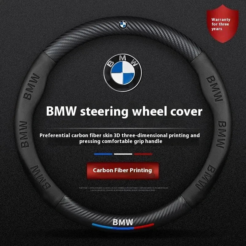 Anti-Slip Carbon Fiber-Look Leather Steering Wheel Cover for BMW