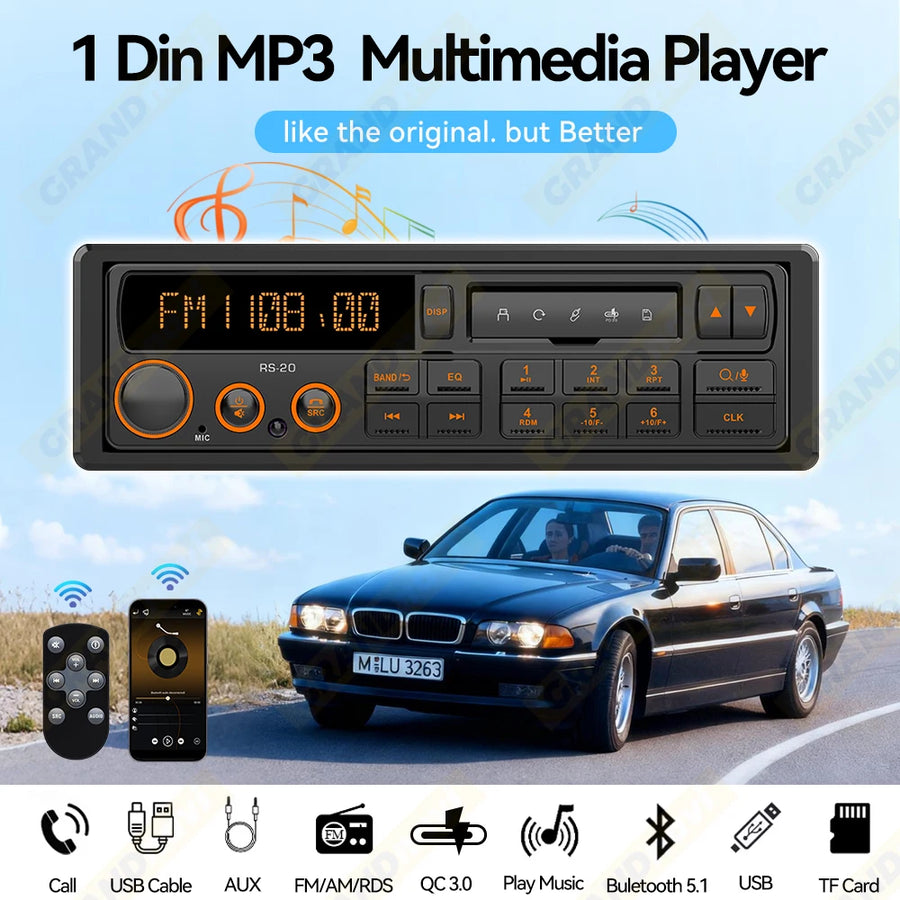 Retro 1-DIN Bluetooth Car Stereo with FM, AM, RDS, DAB, USB and AUX