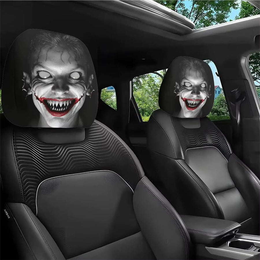 2-Piece Evil Clown Cracked Print Car Headrest Cover Set