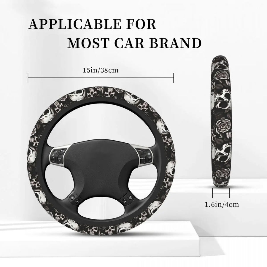 Skull-Design Slip-On Steering Wheel Cover – Black