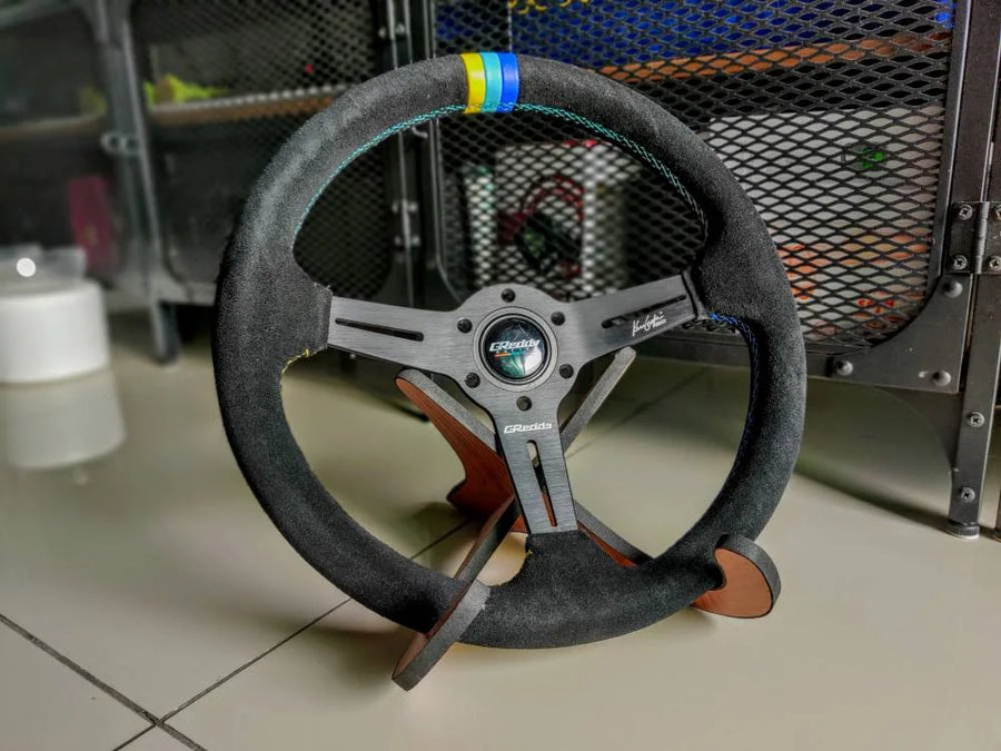GReddy-Style 350 mm Suede & Leather Steering Wheel – Tri-Color Stitch