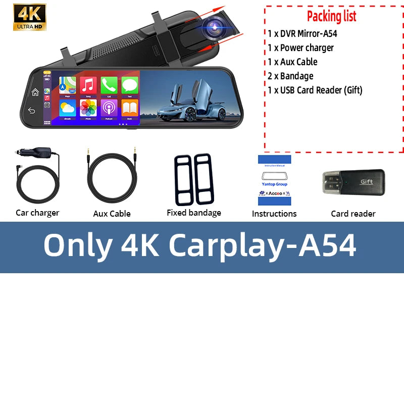 4K Dual Mirror Dash Cam with Wi-Fi App Control, GPS