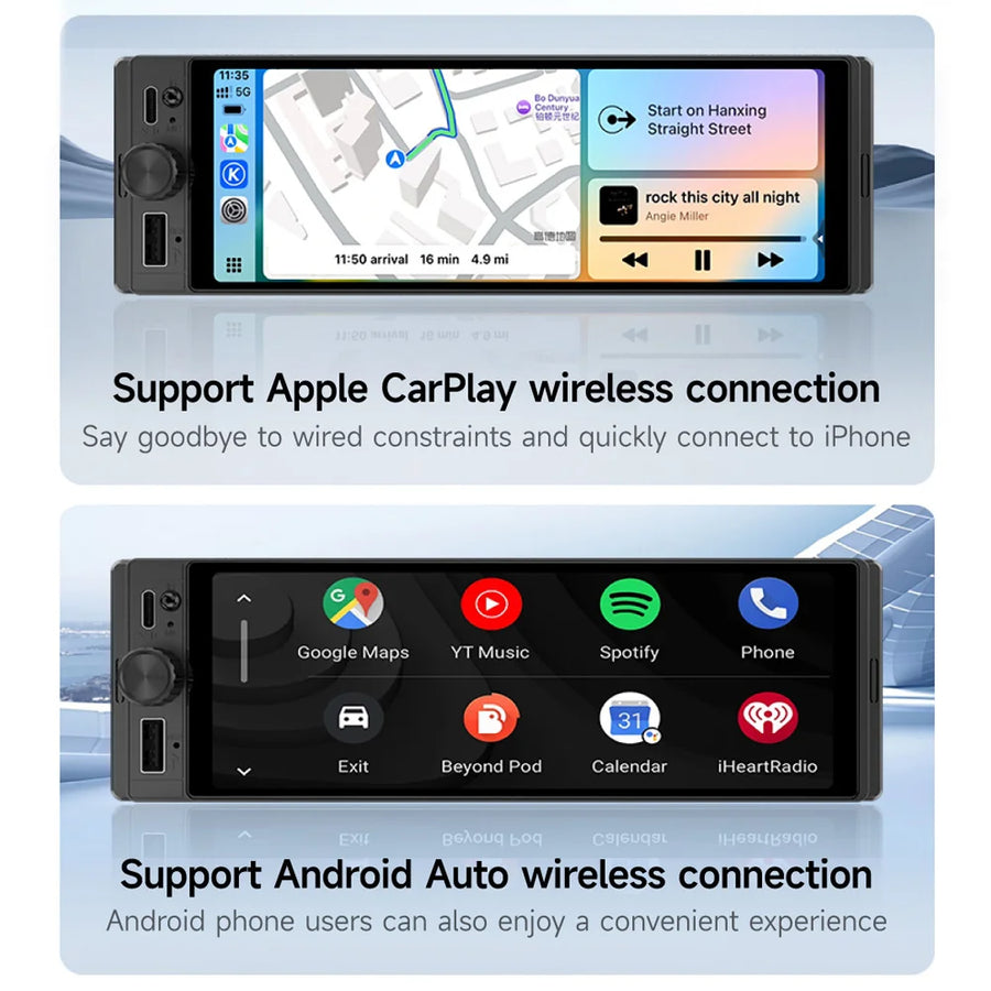 6.28-Inch 1-DIN Wireless CarPlay and Android Auto Car Stereo