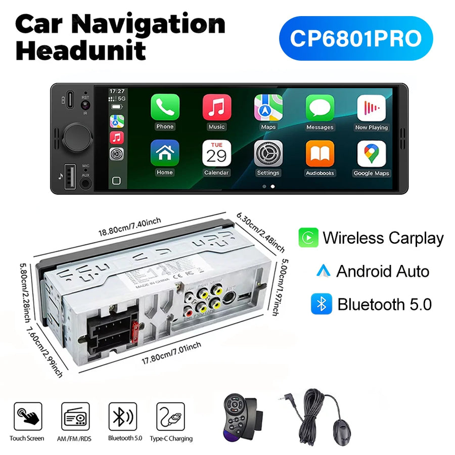6.86-Inch 1-DIN Wireless CarPlay and Android Auto Car Stereo with USB