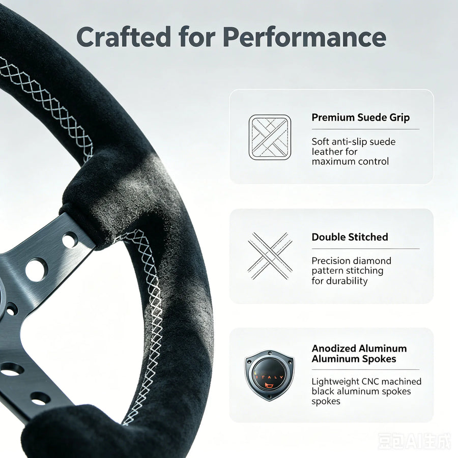 340 mm Suede Deep-Dish Racing Steering Wheel – White or Yellow