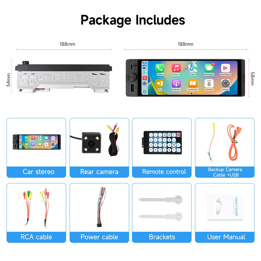 6.28-Inch 1-DIN Wireless CarPlay and Android Auto Car Stereo