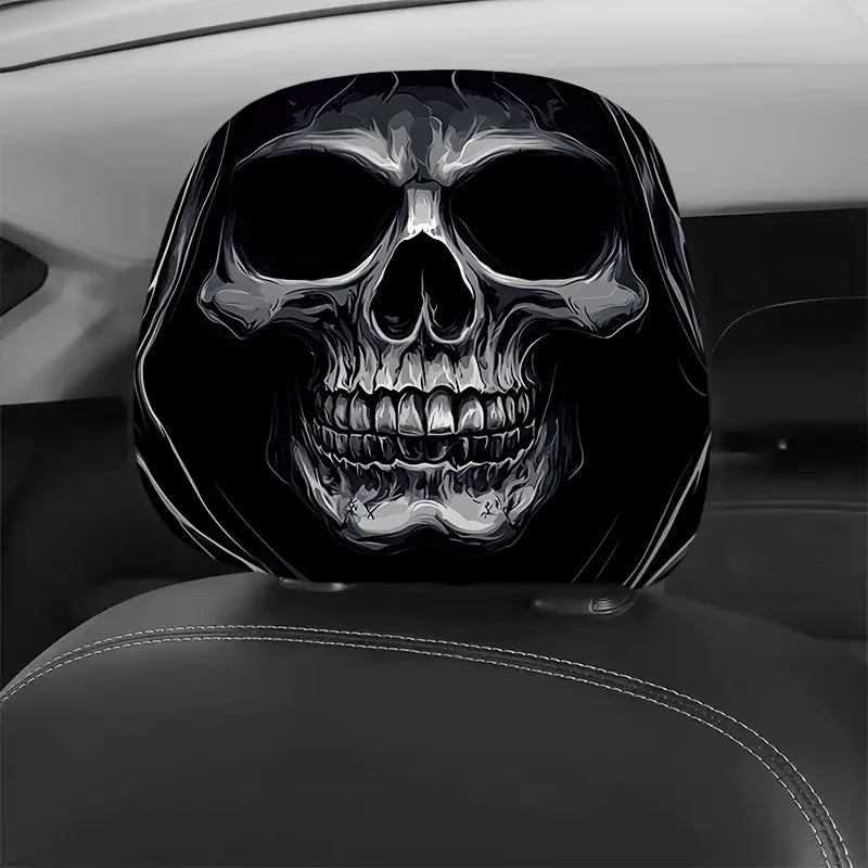 2-Piece Skull Portrait Car Headrest Covers – Universal Washable Seat Decor