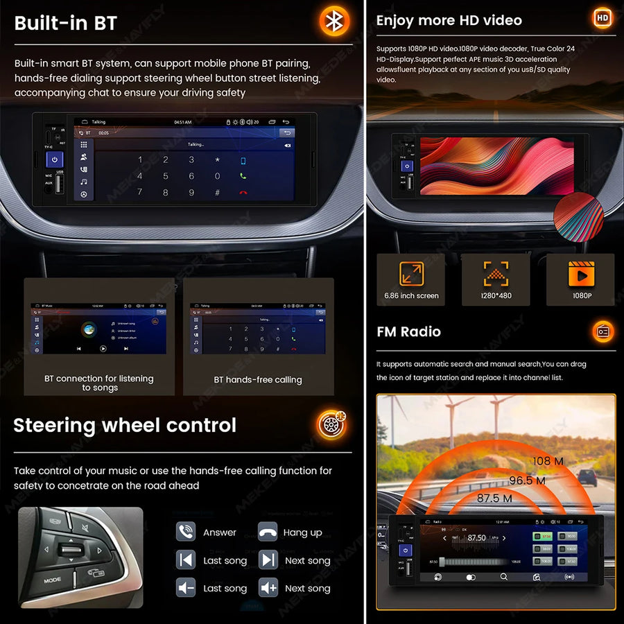 6.86-Inch 1-DIN Wireless CarPlay and Android Auto Car Stereo with SWC Support