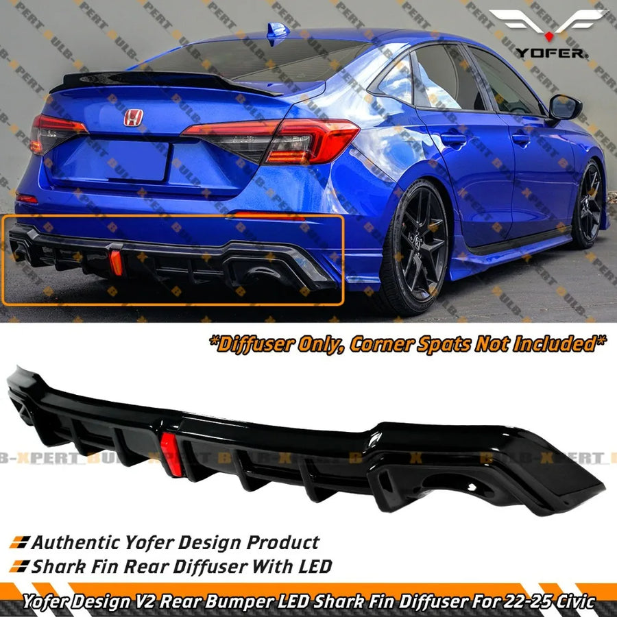 Gloss Black LED Rear Diffuser – 2022–2026 Honda Civic Sedan