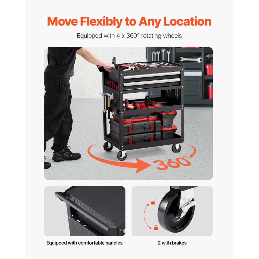 5-Tier Rolling Tool Cart with 2 Lockable Drawers and Pegboard