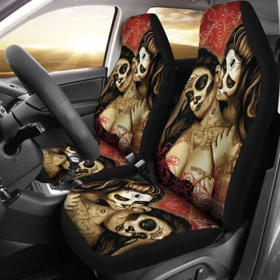 2-Piece Sugar Skull Day of the Dead Front Car Seat Cover Set