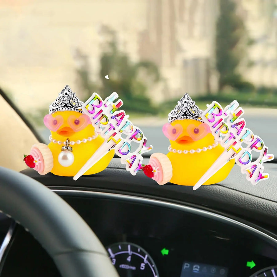 Birthday Rubber Duck Dashboard Ornament with Crown and Sunglasses